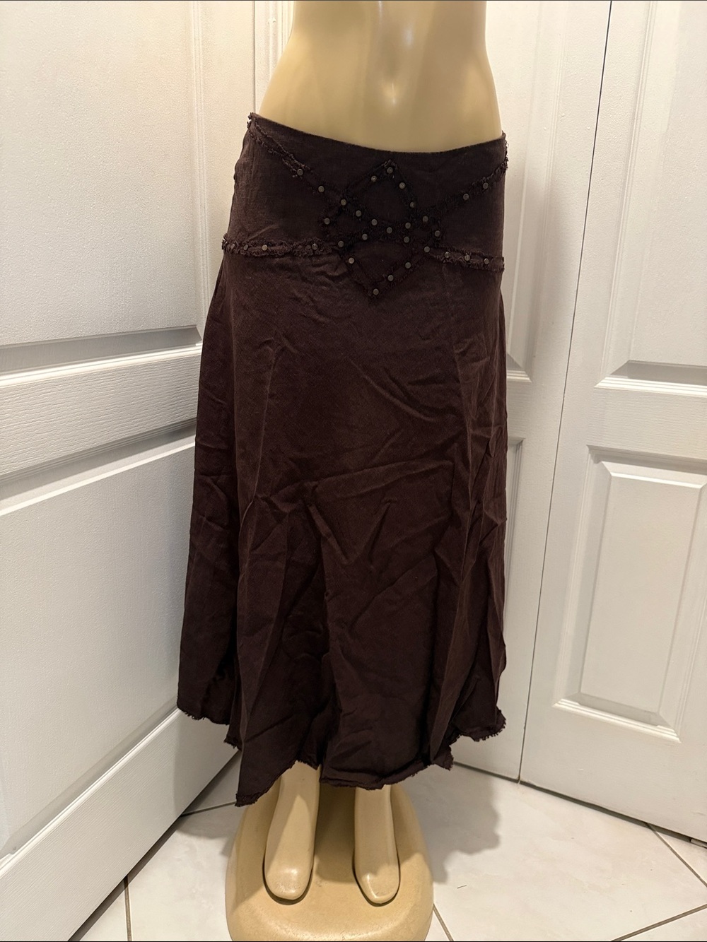 Women's Brown Maxi Skirt with Beaded Waist Detail